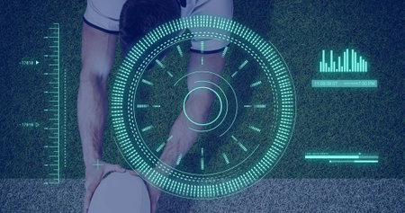 Image of scope scanning and data processing over caucasian man playing rugby. Global sport and...