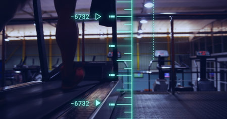 Image of data processing over caucasian man at gym. Global sport and digital interface concept...
