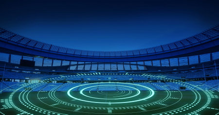 Image of scope scanning over sports stadium. Global sport and digital interface concept digitally generated image.の写真素材