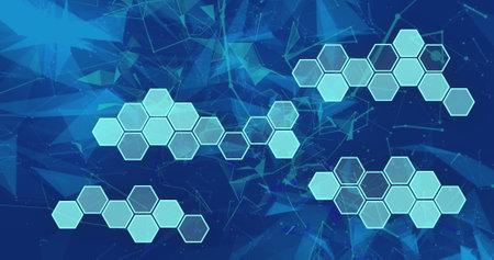 Image of shapes moving over blue background. Global science and digital interface concept digitally...