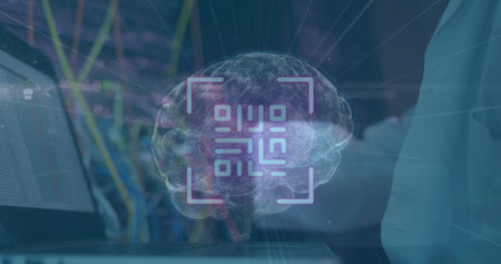 Image of spinning brain over server room worker. Cloud computing concept concept digitally generated...
