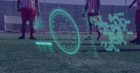 Image of scope scanning and data processing over diverse men playing football. Global sport and...