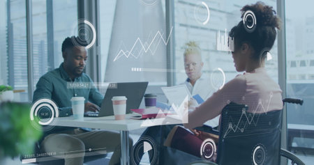 Image of data processing over disabled african american woman with diverse business people. International day of persons with disabilities concept digitally generated image.の写真素材