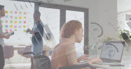 Image of data processing over disabled cuacasian woman sitting in wheelchair using laptop. International day of persons with disabilities concept digitally generated image.の写真素材