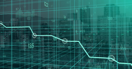Image of blue graph and data processing on 3d grid over buildings in modern cityscape. Development,...
