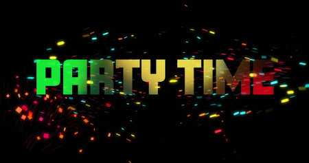 Image of party time text and confetti on black background. New year, new year&#39;s eve, celebration and tradition concept digitally generated image.の写真素材