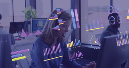 Image of financial data processing over diverse business people. Global business, finances,...