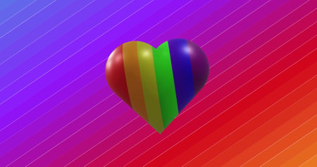 Image of rainbow heart moving on colorful background. Valentine&#39;s day, love and celebration concept digitally generated image.の写真素材