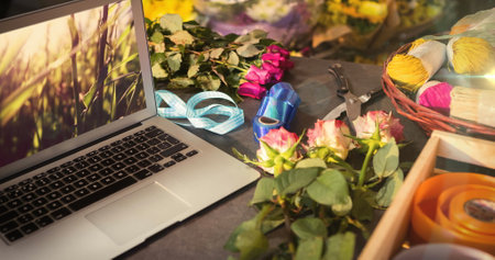 Image of grass on laptop screen on desk. Global business, finances, computing and data processing concept digitally generated image.の写真素材