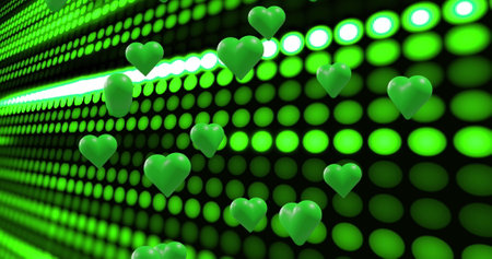 Image of green hearts over glowing green spots on black background. Valentine&#39;s day, love and celebration concept digitally generated image.の写真素材