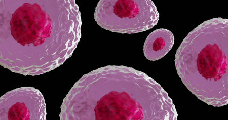 Image of micro of red and pink cells on black background. Global science, research and medicine...