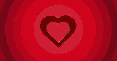 Image of red heart over circles on red background. Valentine&#39;s day, love and celebration concept digitally generated image.の写真素材