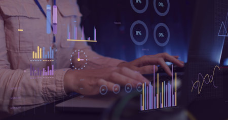 Image of financial data processing over businesswoman using computer. Global business, finances,...