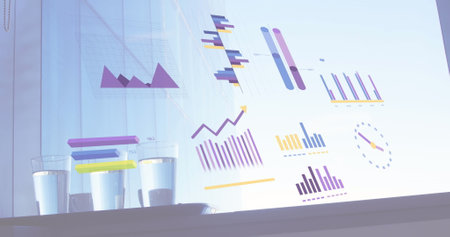 Image of statistics and financial data processing over desk with glasses of water. Global business,...