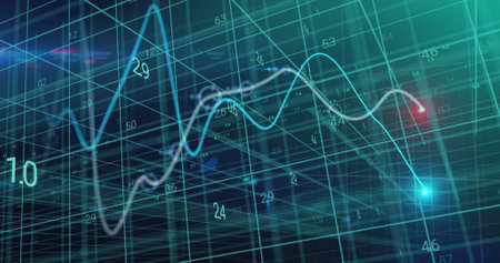 Image of glowing graphs and processing data over 3d grid on black background. Global communication,...