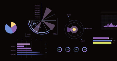 Image of statistics, graphs and financial data processing over black background. Global business, finances, computing and data processing concept digitally generated image.の写真素材