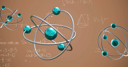 Image of micro of atom models over mathematical formulae on blue background. Global science, research and connections concept digitally generated image.の写真素材