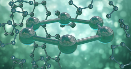 Image of 3d micro of molecules on green background. Global science, research and connections concept digitally generated image.の写真素材