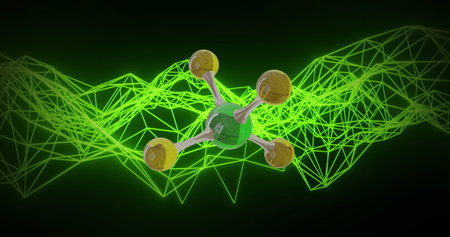 Image of 3d micro of molecules and green connections on black background. Global science, research...