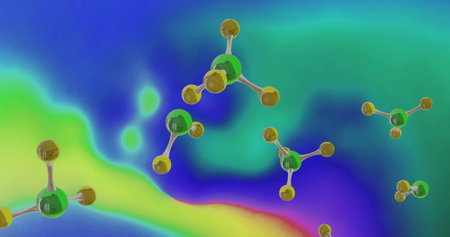 Image of micro of molecules models over multi coloured background. Global science, research and...