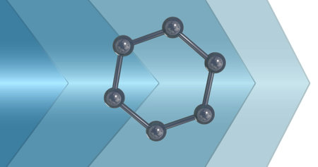 Image of 3d micro of molecules and blue arrows on white background. Global science, research and...