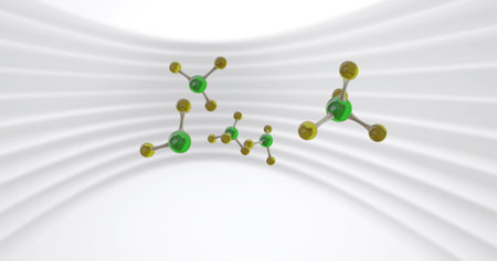 Image of micro of molecules models over grey background. Global science, research and connections concept digitally generated image.の写真素材