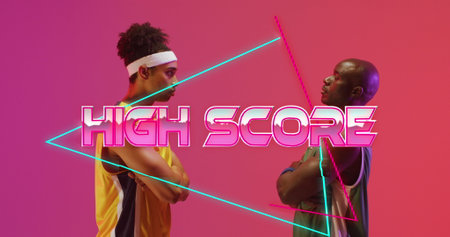 Image of high score text over neon pattern and diverse basketball players. Sports, competition, image game and communication concept digitally generated image.の写真素材