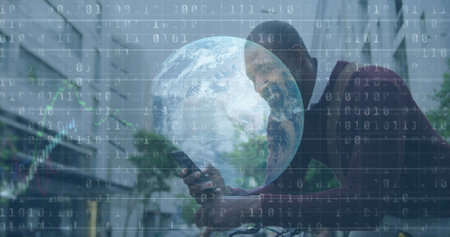 Image of financial data processing, binary coding and globe over man using smartphone. global social...