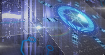 Image of data processing over server room. Global business and digital interface concept digitally...