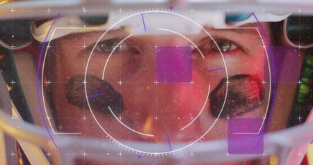 Image of data processing over caucasian american football player. Sports, competition, data processing and communication concept digitally generated image.の写真素材