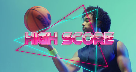 Image of high score text over neon pattern and biracial basketball player. Sports, competition, image game and communication concept digitally generated image.の写真素材