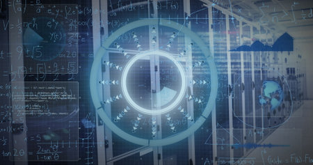 Image of scopes scanning and data processing over computer servers. Global networks, computing and...