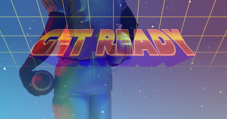 Image of get ready text over neon pattern and african american american football player. Sports, competition, image game and communication concept digitally generated image.の写真素材