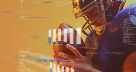 Image of data processing over caucasian american football player. Sports, competition, data processing and communication concept digitally generated image.の写真素材