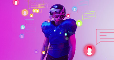 Image of icons and data processing over caucasian american football player. Sports, competition, data processing and communication concept digitally generated image.の写真素材