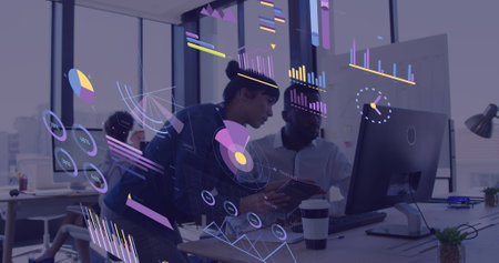 Image of financial data processing over diverse business people. Global business, finances,...