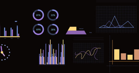 Image of statistics, graphs and financial data processing over black background. Global business,...