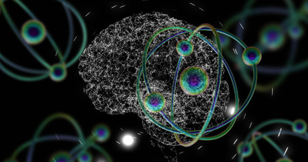 Image of 3d micro of molecules and human brain on black background. Global science, research and...