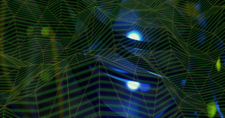 Image of waves and connections moving over black background with blue lights. Global network, data processing, digital communication and technology concept digitally generated image.の写真素材
