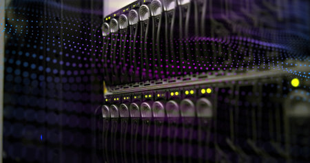 Image of waves made of dots moving over servers. Global network, data processing, digital communication and technology concept digitally generated image.の写真素材