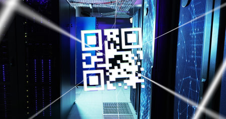 Image of qr code and lines over servers. Global network, data processing, digital communication and technology concept digitally generated image.の写真素材
