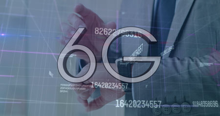 Image of 6g and numbers over caucasian businessman using smartwatch. Computers, network, data...