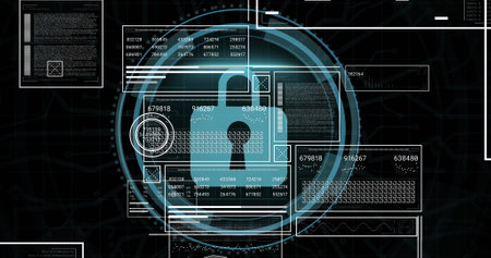 Image of digital interface with data processing over black background. Global data processing...