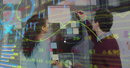 Image of financial data processing over business people talking in office. global business, finances, connections and digital interface concept digitally generated image.の写真素材