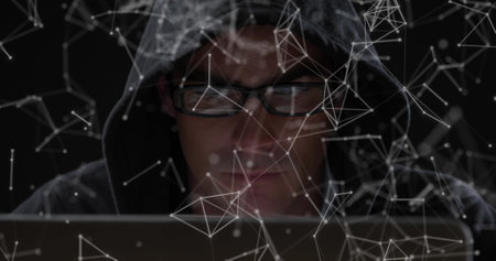 This image showcases a concept for global networking and cyber security technology. A network of...