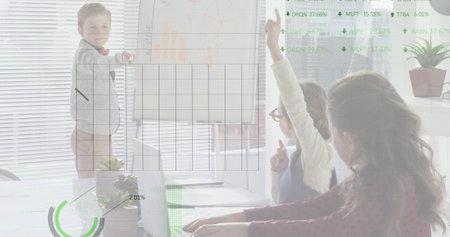 Image of financial data processing over schoolchildren working in an office together, giving...