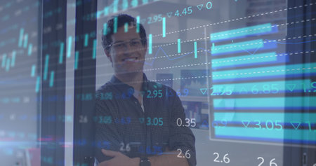 Image of financial data processing over businessman in office. global business, finances,...