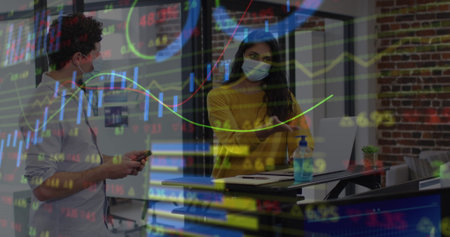 Image of financial data processing over people wearing face masks. global business, finances,...