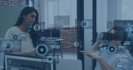 Image of financial data processing and scope scanning over business people talking in office. global...