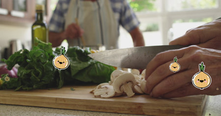 Composite image of multiple onions icons floating against mid section of a woman chopping vegetables. cooking conceptの写真素材